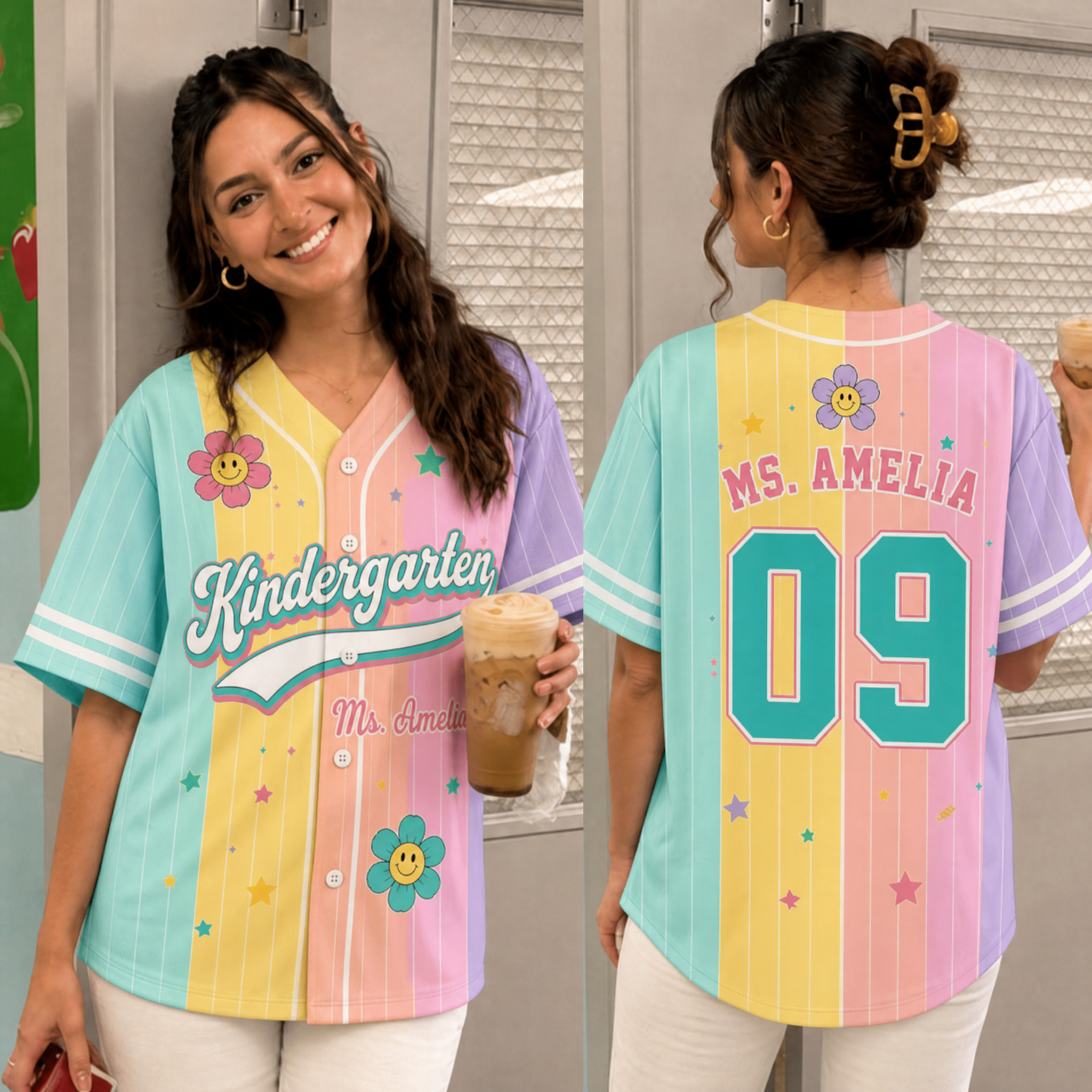 Personalized Grade And Name Rainbow Stripes Floral Teacher Baseball Jersey