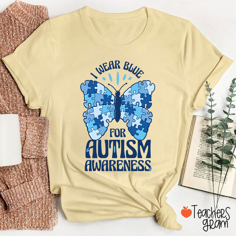 Butterfly Puzzle I Wear Blue For Autism Awareness Teacher T-Shirt