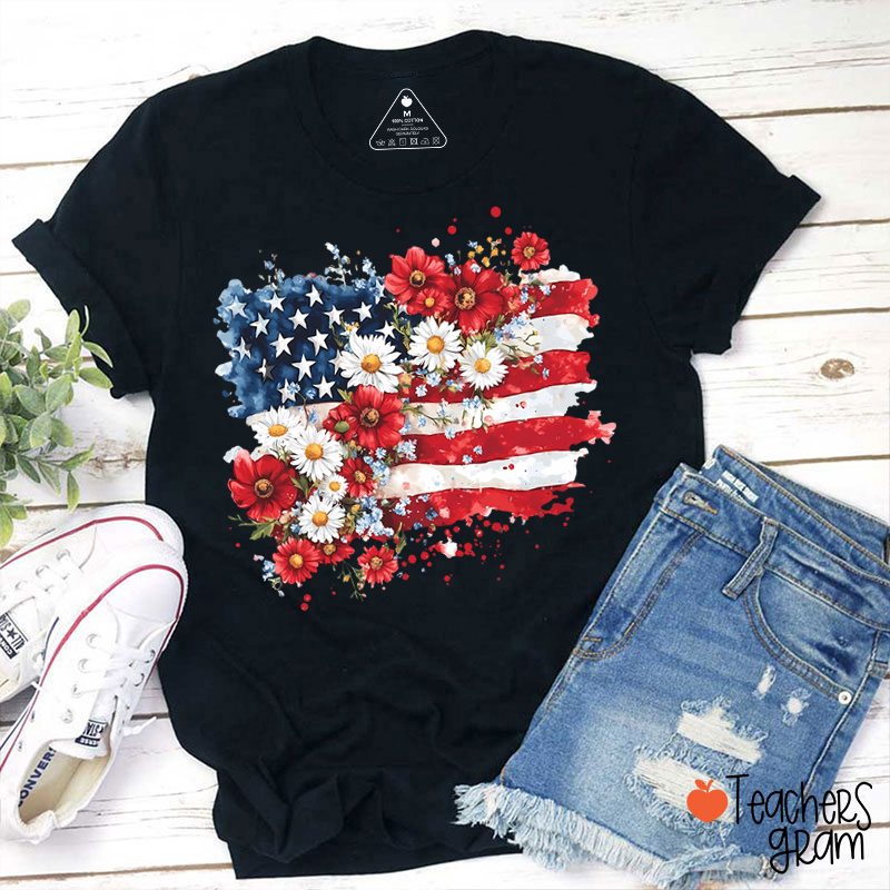 Flower National Flag Teacher T-Shirt