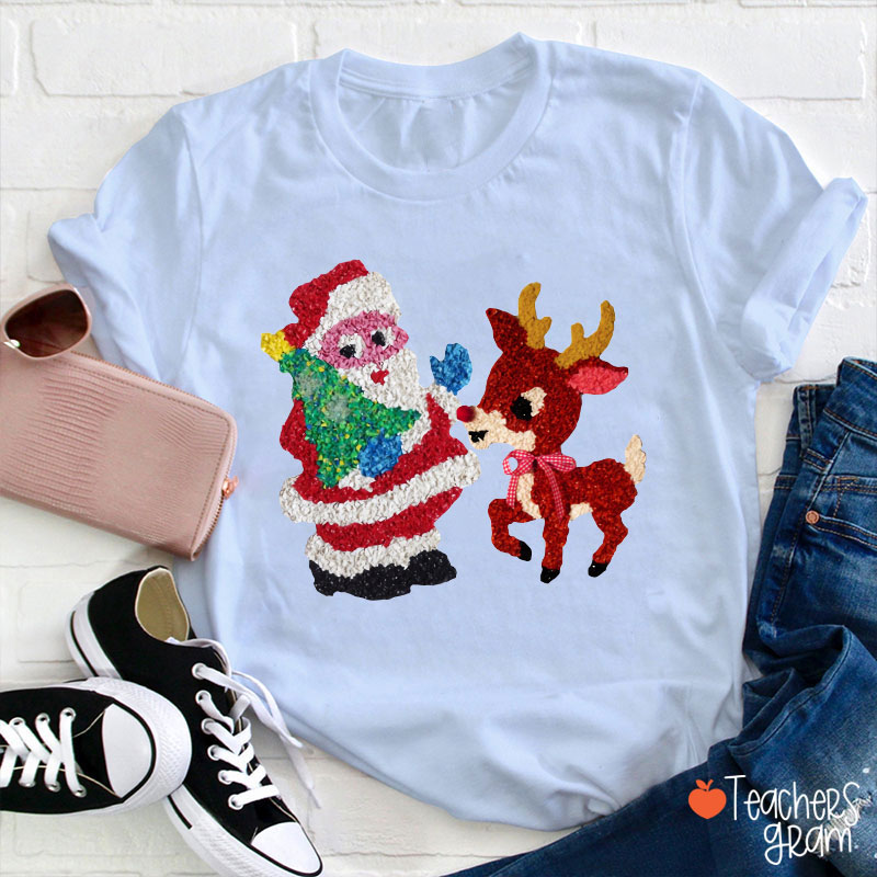 Santa And Rudolph Faux Melted Plastic Teacher T-Shirt