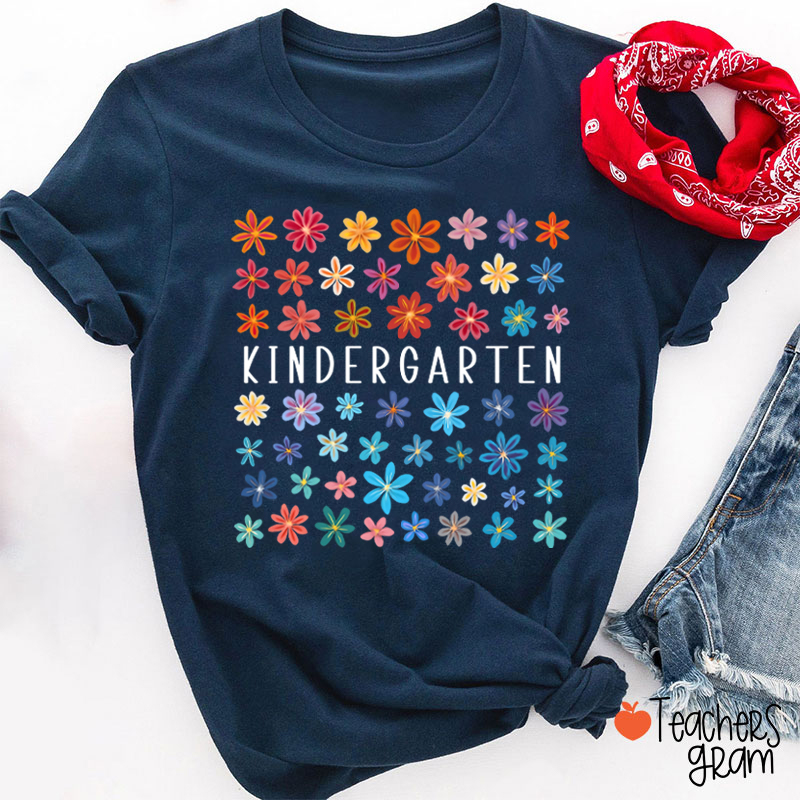 Personalized Grade Colored Flowers Teacher T-Shirt