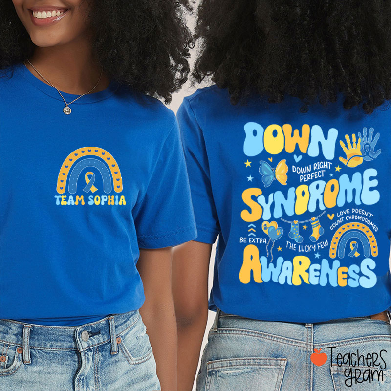 Personalized Name Down Syndrome Awareness Teacher Two Sided T-Shirt