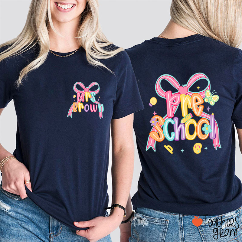 Personalized Name And Grade Pink Bow Teacher Two Sided T-Shirt