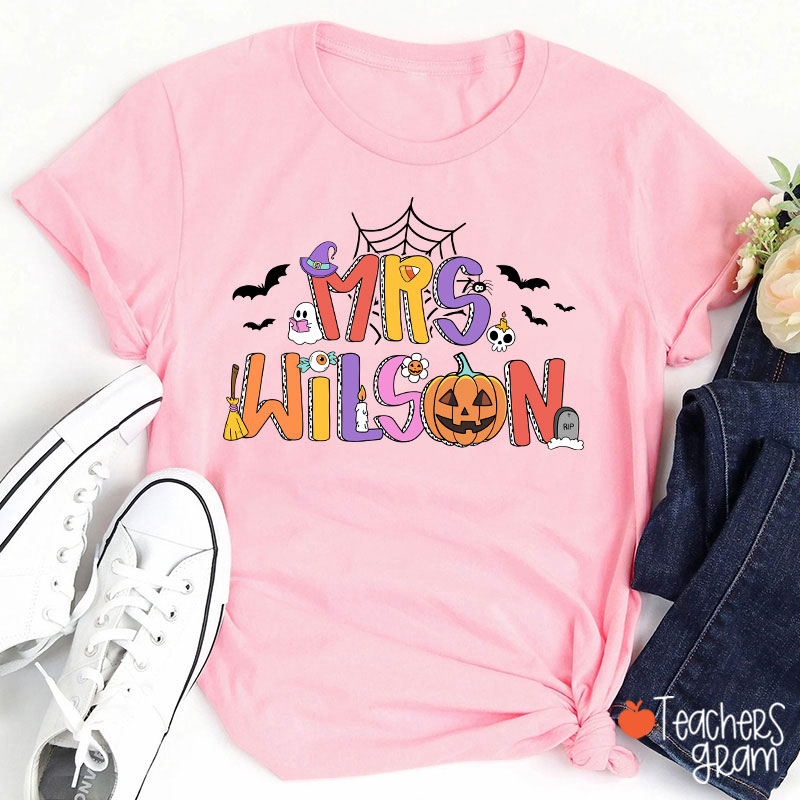 Personalized Name Spider Web Ghost Pumpkin Teacher T-Shirt