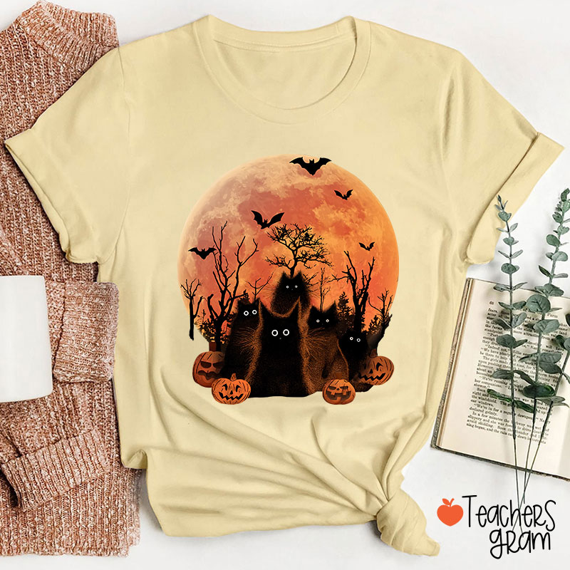 Black Cat Halloween Teacher T-Shirt