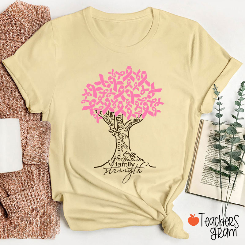Pink Ribbon Tree Breast Cancer Teacher T-Shirt
