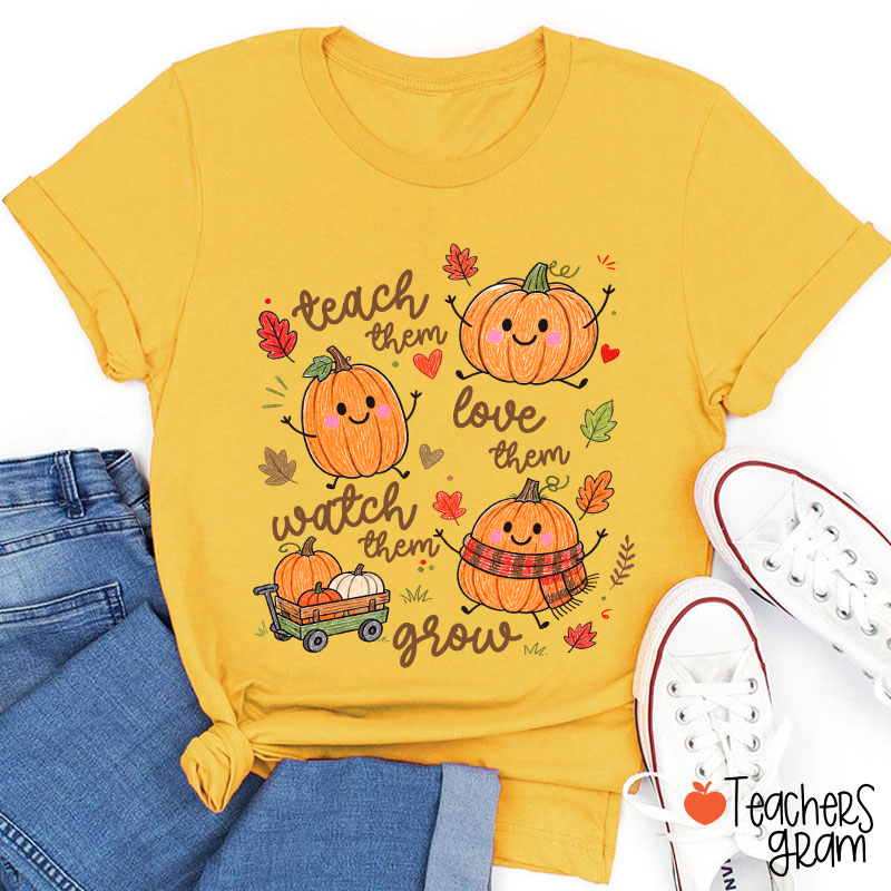 Teach Them Love Them Watch Them Grow Cute Pumpkin Autumn Leaf Teacher T-Shirt