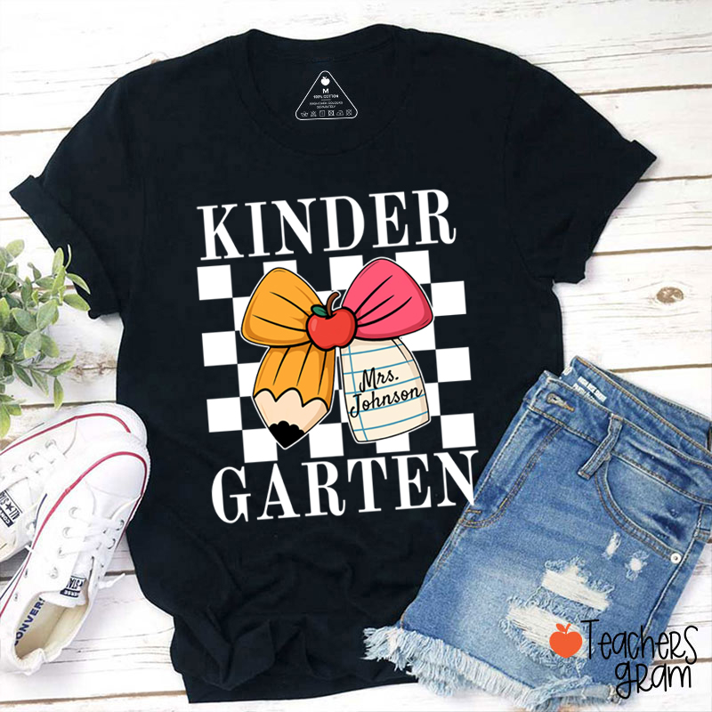 Personalized Grade And Name Pencil Bow Checkered Teacher T-Shirt