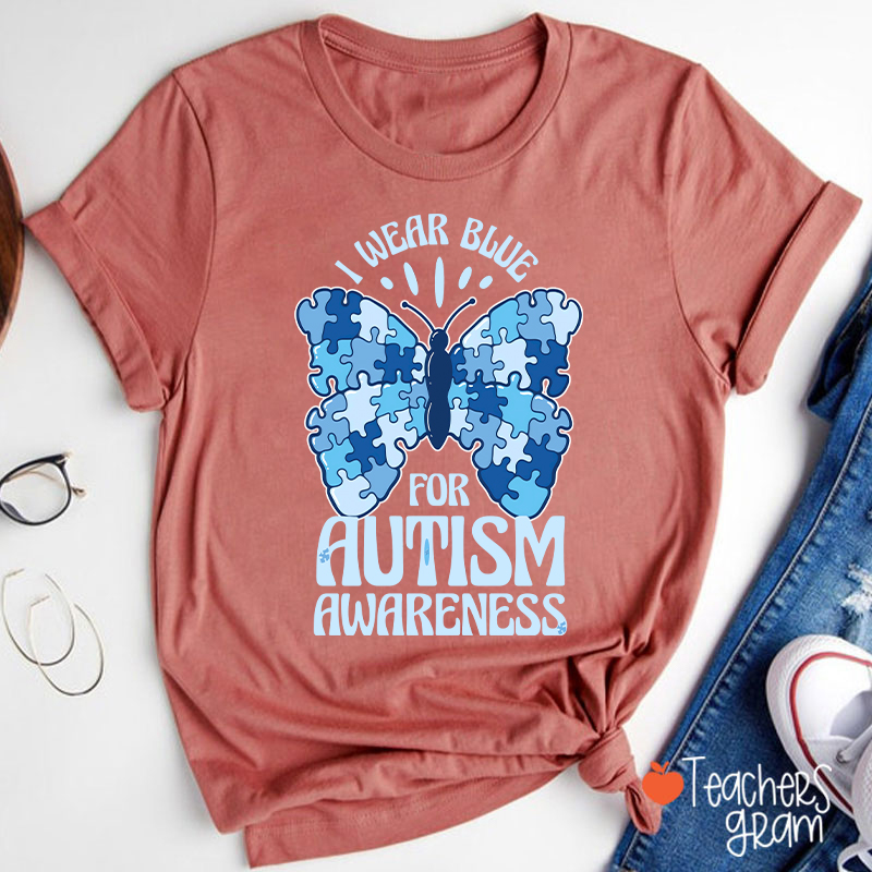 Butterfly Puzzle I Wear Blue For Autism Awareness Teacher T-Shirt