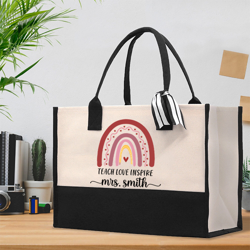 Personalized Teach Love Inspire Pink Rainbow Teacher Cotton Tote Bag
