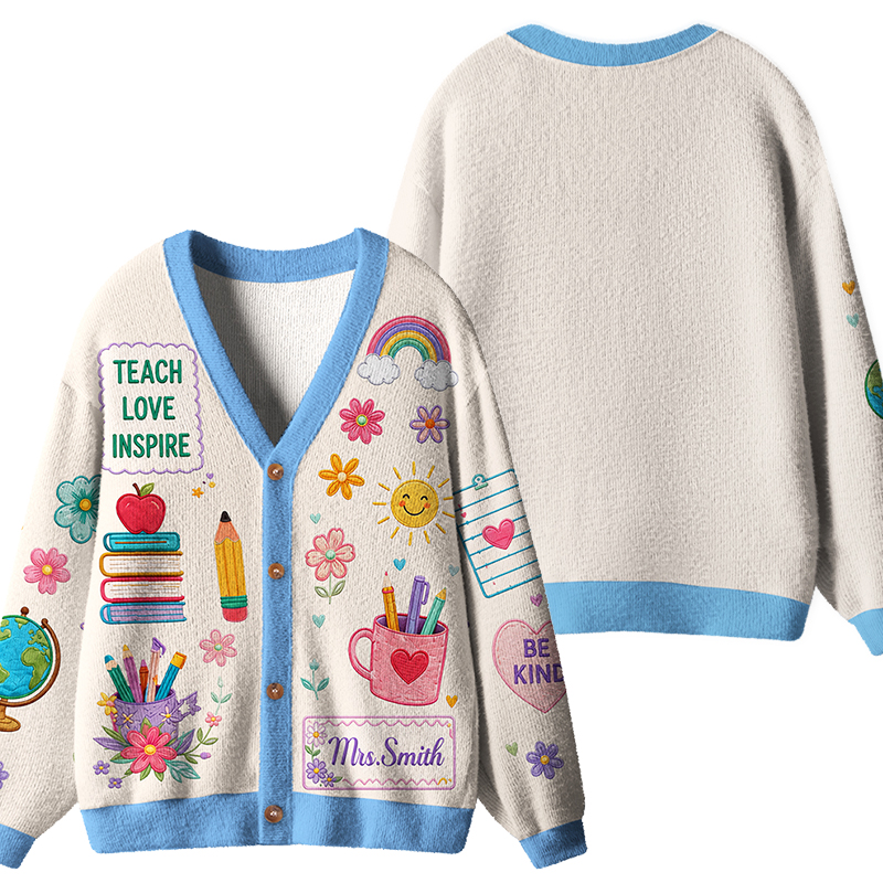 Personalized Name Teach Love Inspire Floral Teacher Ugly Cardigan Sweaters