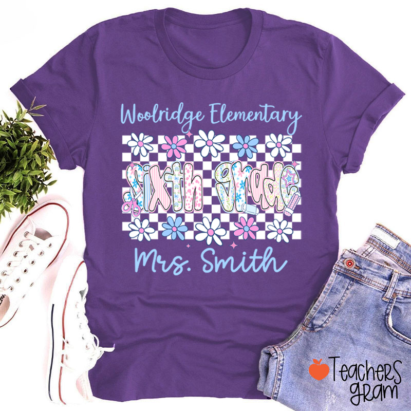 Personalized Name Grade And School Name Checkered Flowers Teacher T-Shirt