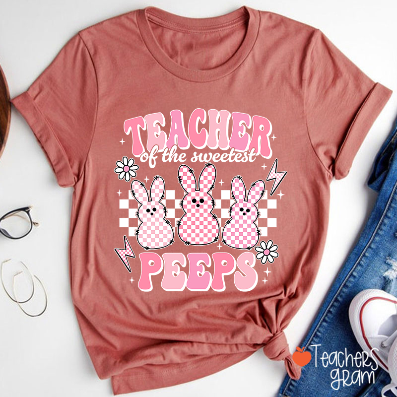 Pink Checkerboard Bunny Teacher Of The Sweetest Peeps Teacher T-Shirt