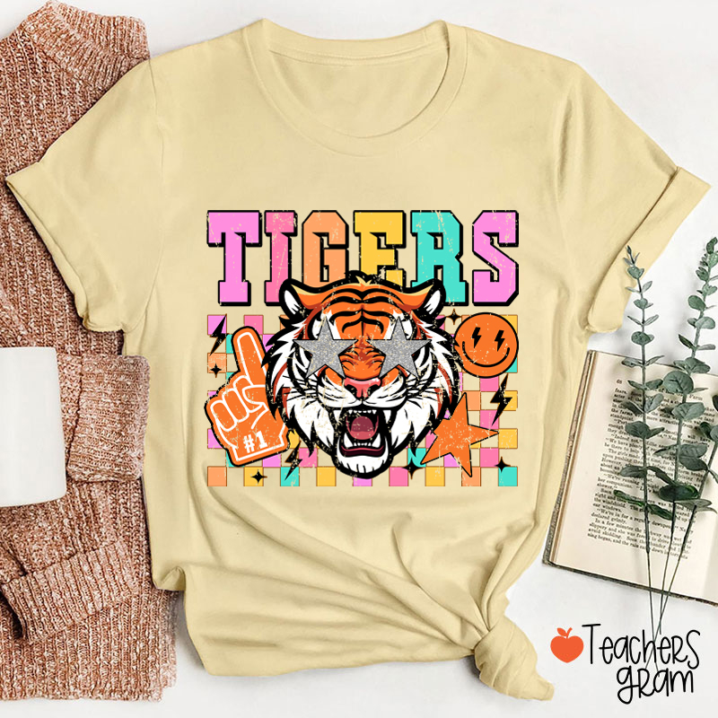 Personalized Starry Eyes Mascot Colored Checkered Teacher T-Shirt