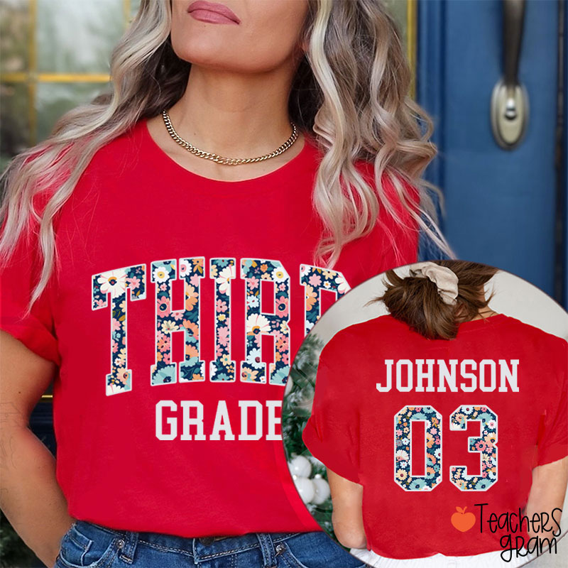 Personalized Grade And Name Floral Fonts Teacher Two Sided T-Shirt