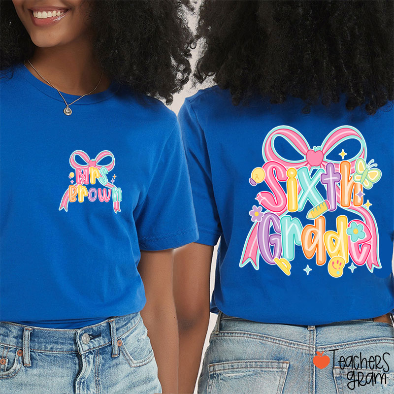 Personalized Name And Grade Pink Bow Teacher Two Sided T-Shirt
