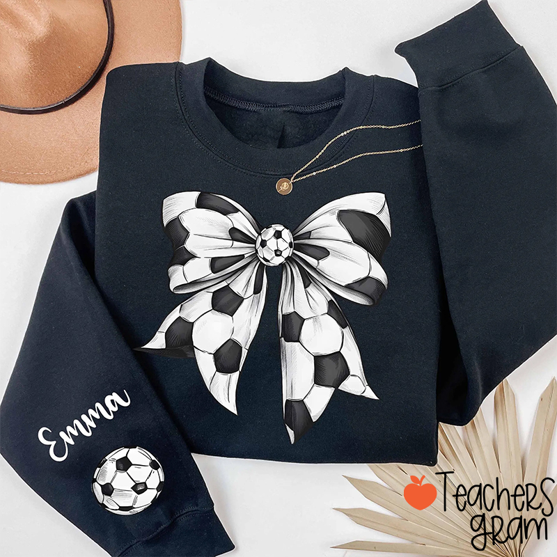 Personalized Name Soccer Bow Coquette Game Day Teacher Sleeve Print Sweatshirt