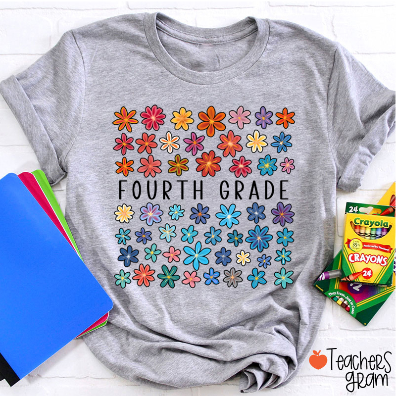 Personalized Grade Colored Flowers Teacher T-Shirt