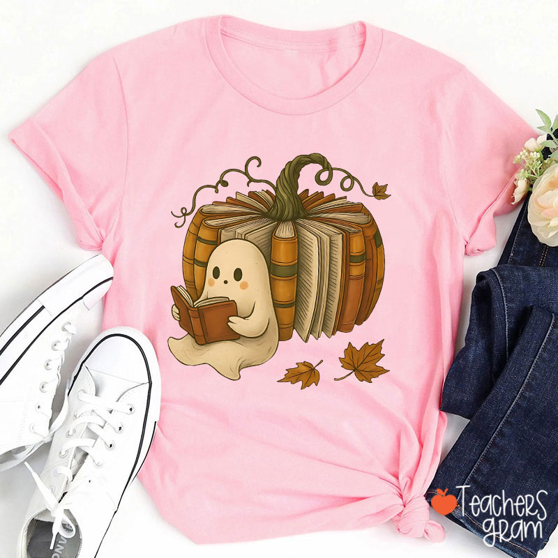 Ghost Reading Book Pumpkin Teacher T-Shirt