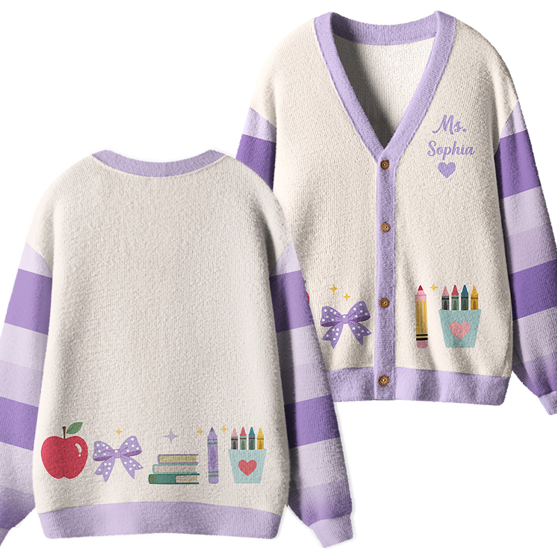 Personalized Name Apple Book Pencil Teacher Ugly Cardigan Sweaters