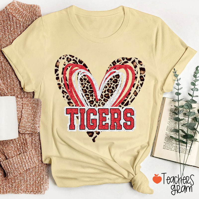 Personalized Mascot Love Heart Leopard Teacher T-Shirt