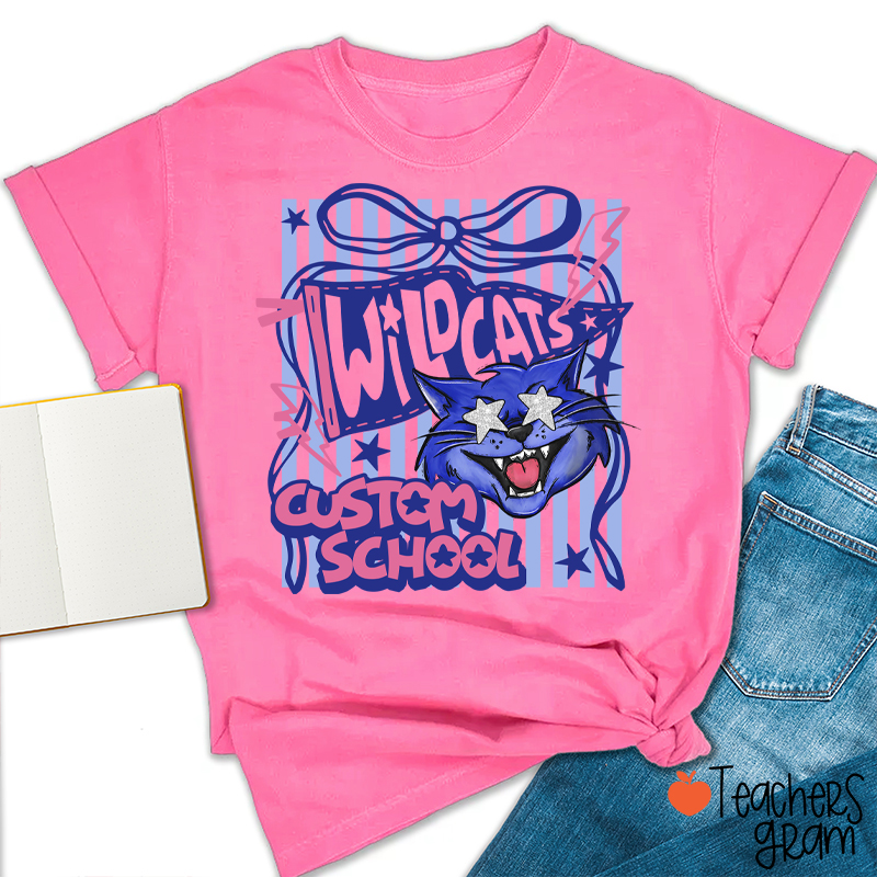 Personalized Mascot Coquette Bow Striped Teacher T-Shirt