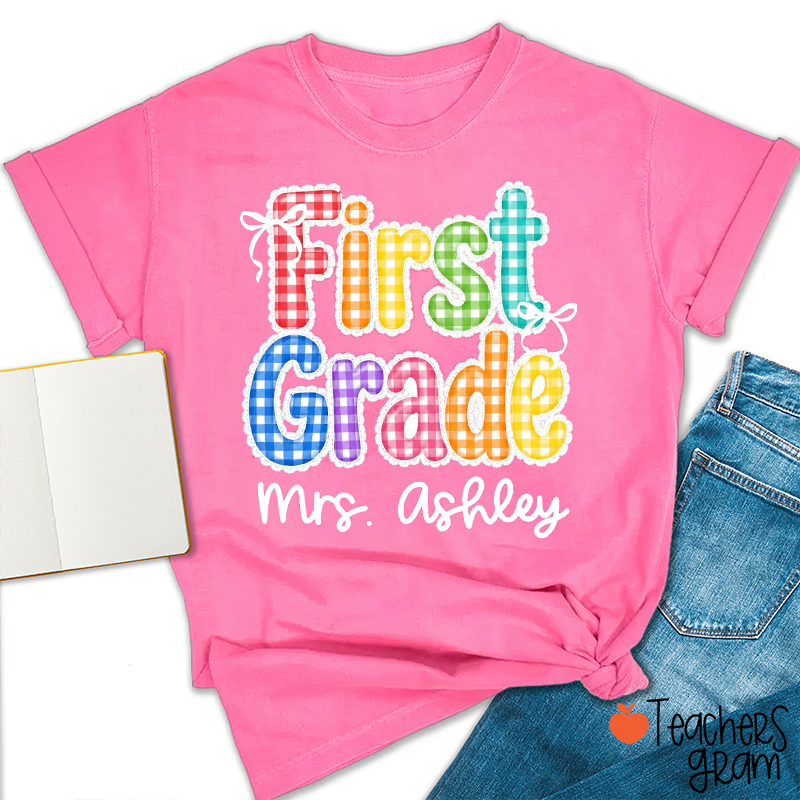Personalized Grade Name Rainbow Gingham Teacher T-Shirt
