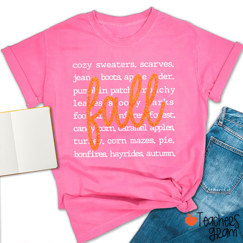 Glitter Fall Autumn Word List Teacher T‑Shirt