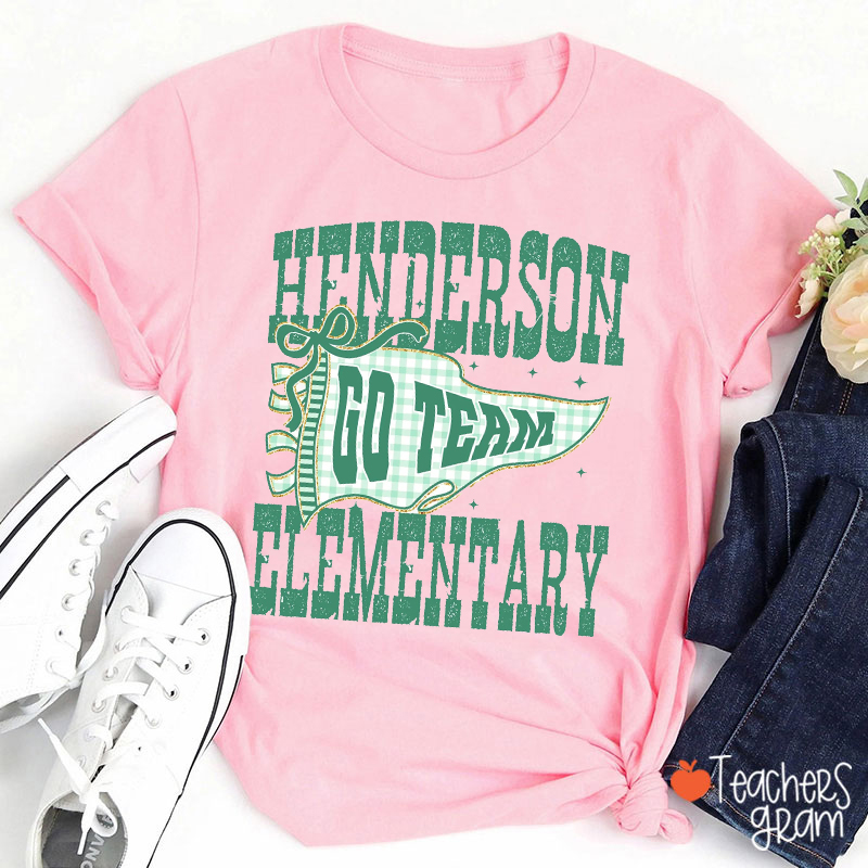 Personalized Mascot Elementary Gingham Pennant Distressed Text Teacher T-Shirt