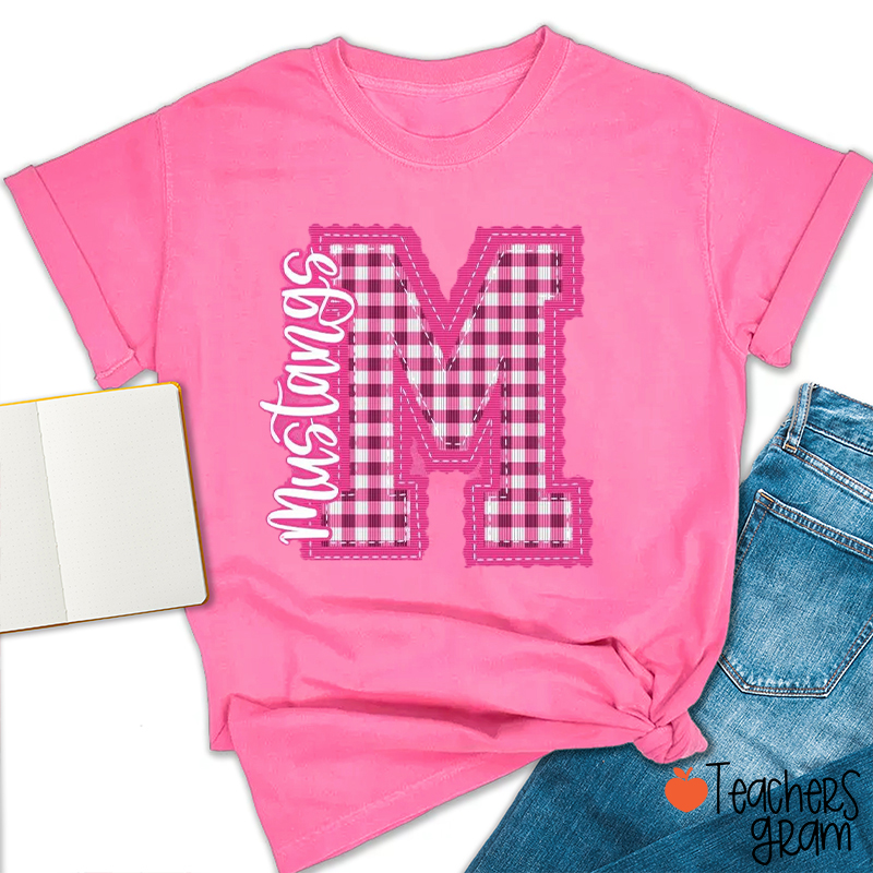 Personalized School Mascot Gingham Scalloped Letter Teacher T-Shirt