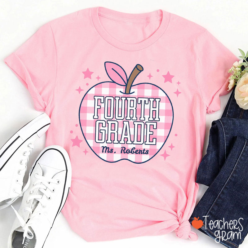Personalized Name Grade Gingham Apple Star Teacher T-Shirt