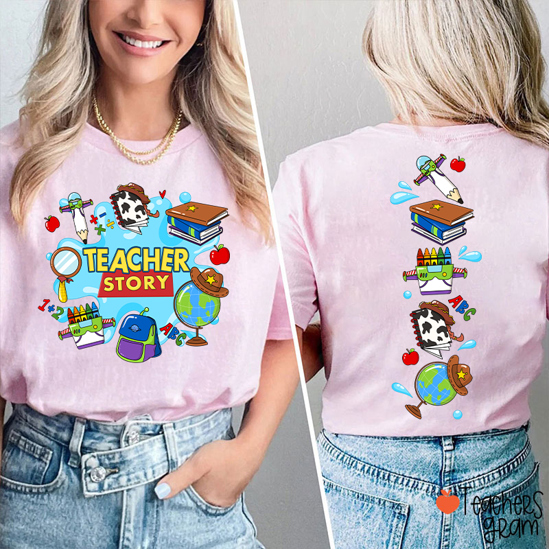 Teacher Story Cute School Stuff Icons Teacher Two Sided T-Shirt