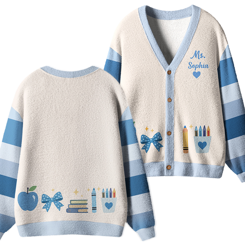 Personalized Name Apple Book Pencil Teacher Ugly Cardigan Sweaters
