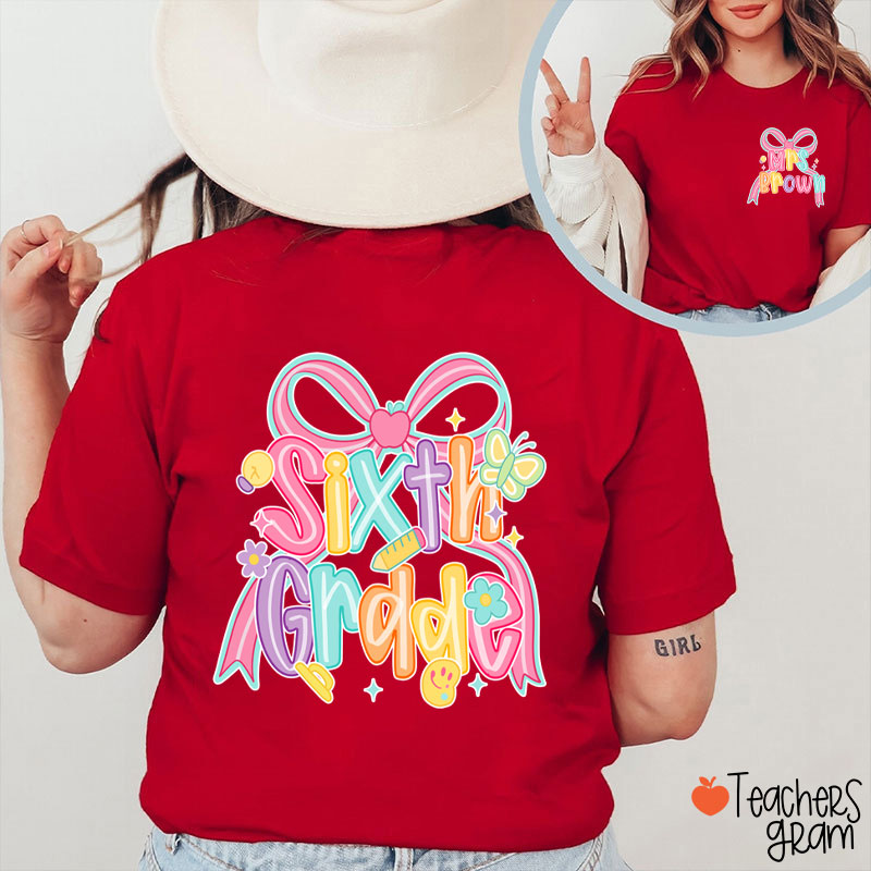 Personalized Name And Grade Pink Bow Teacher Two Sided T-Shirt