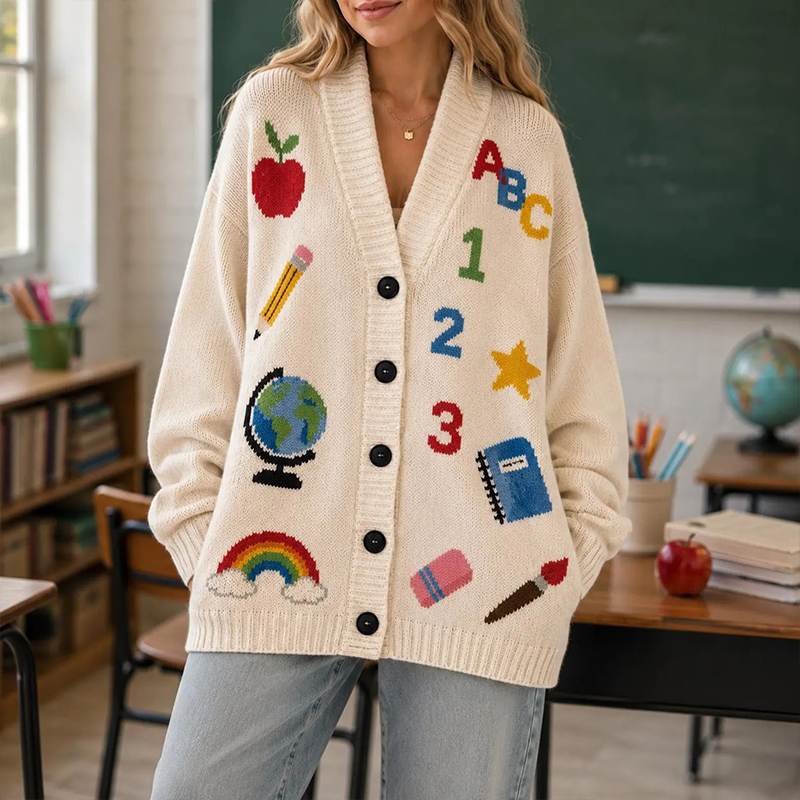 School Supply Graphic Teacher Ugly Cardigan Sweaters