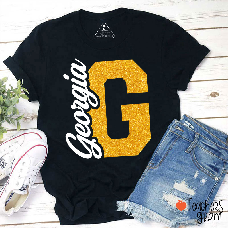 Personalized Mascot Initial Glitter Print Puff Printed Teacher T‑Shirt
