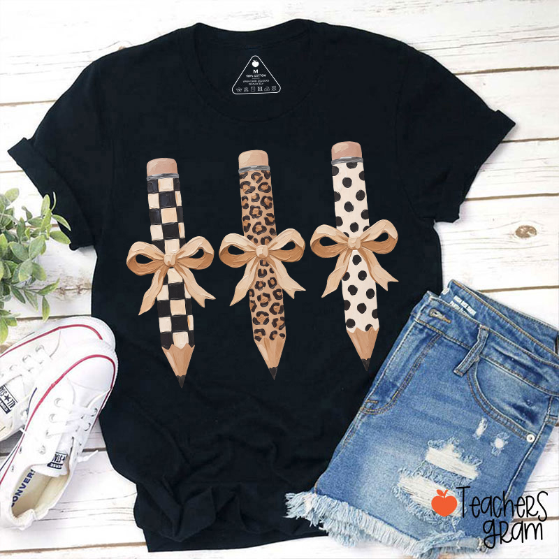 Checkerboard Leopard And Polka Dot Bow Pencil Teacher T-Shirt