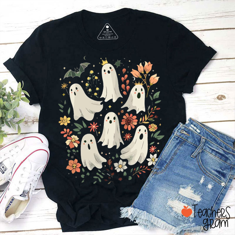 Halloween Flowers Ghosts Teacher T-Shirt