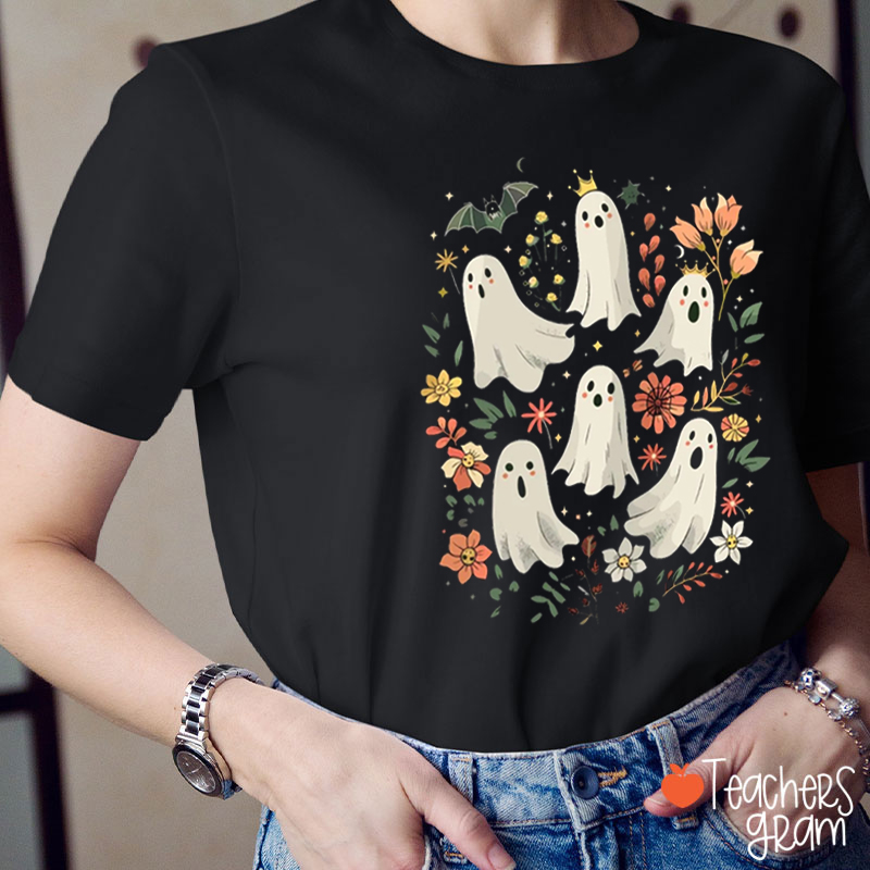 Halloween Flowers Ghosts Teacher T-Shirt