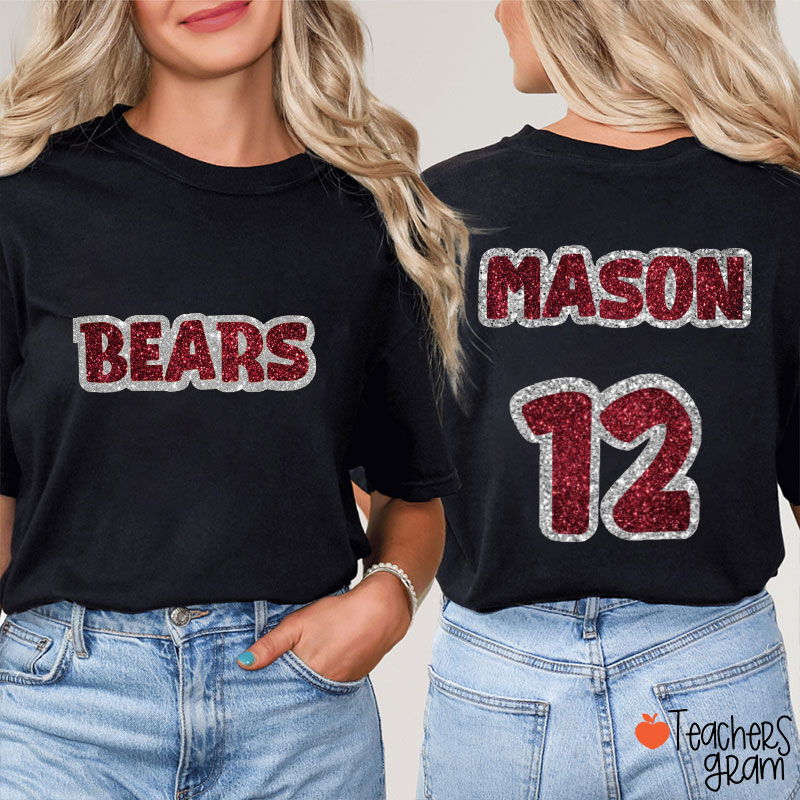 Personalized Mascot Glitter Name Number Teacher Two Sided T-Shirt