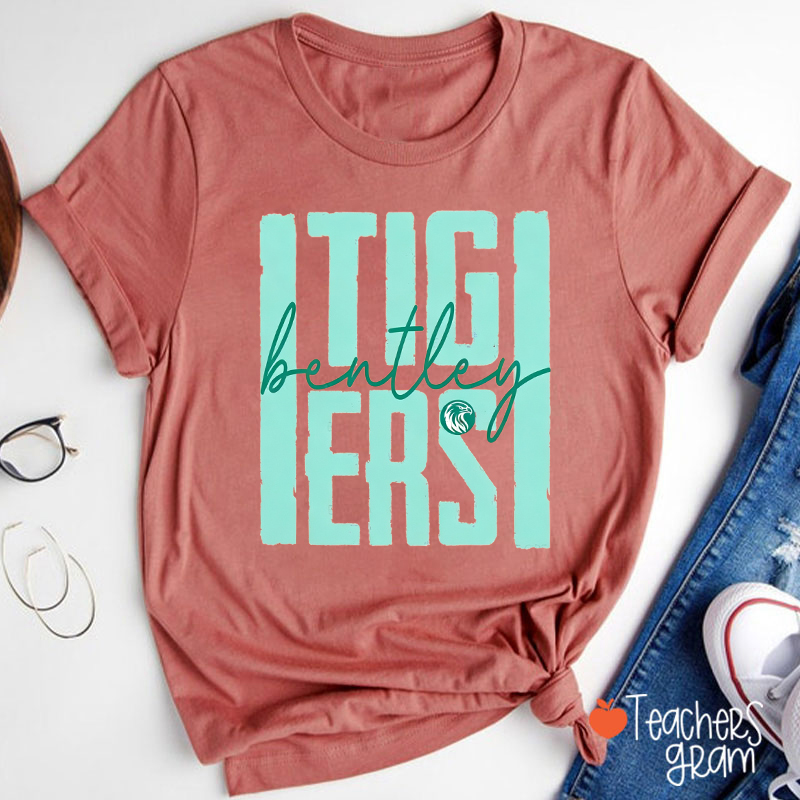 Personalized Mascot Stacked Varsity Script Teacher T-Shirt