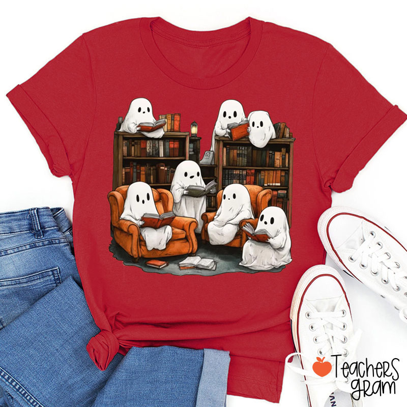 Cute Halloween Ghost Reading Book Teacher T-Shirt
