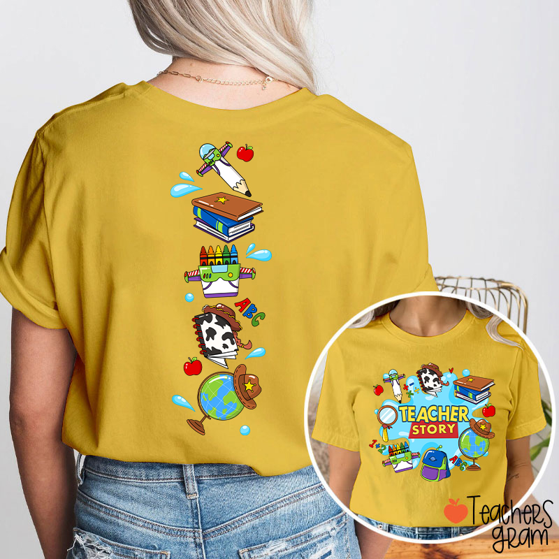 Teacher Story Cute School Stuff Icons Teacher Two Sided T-Shirt