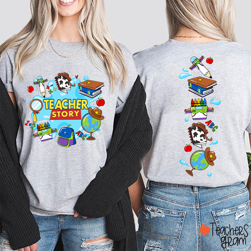 Teacher Story Cute School Stuff Icons Teacher Two Sided T-Shirt