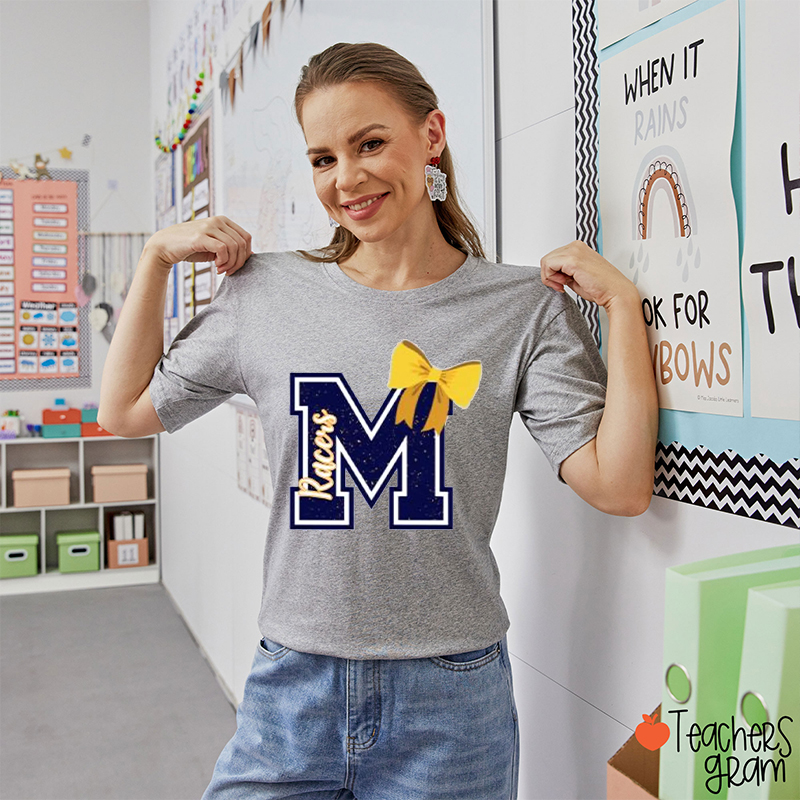 Personalized Mascot Varsity Letter Bow Teacher T-Shirt