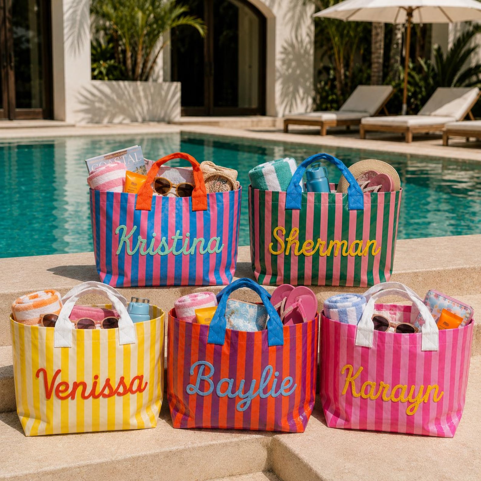 Personalized Embroidered Striped Waterproof Beach Tote Bag