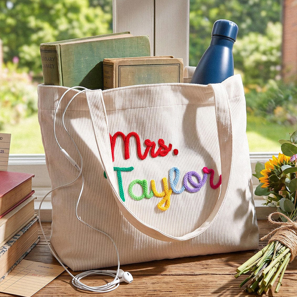Personalized Embroidered Teacher Corduroy Tote