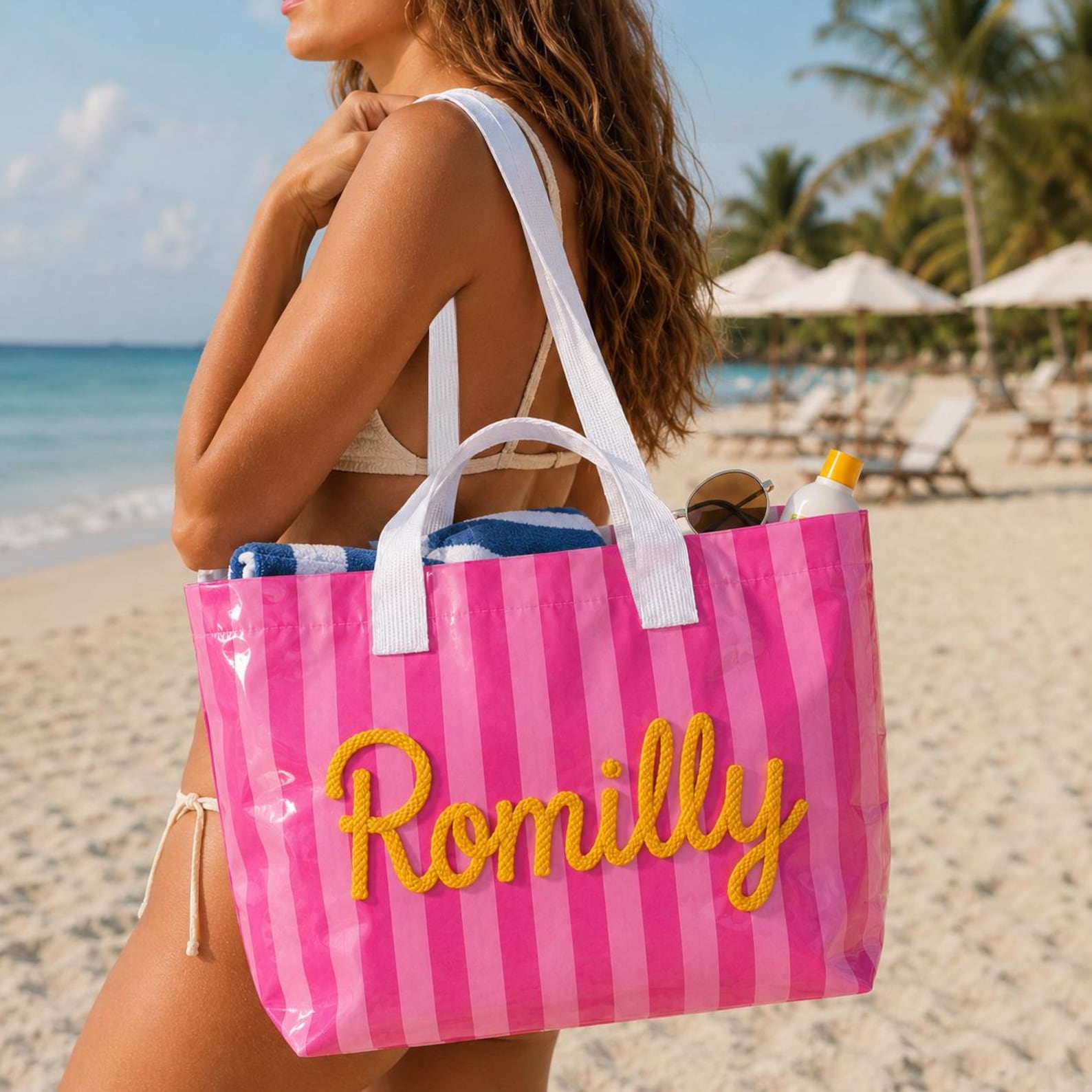 Personalized Embroidered Striped Waterproof Beach Tote Bag