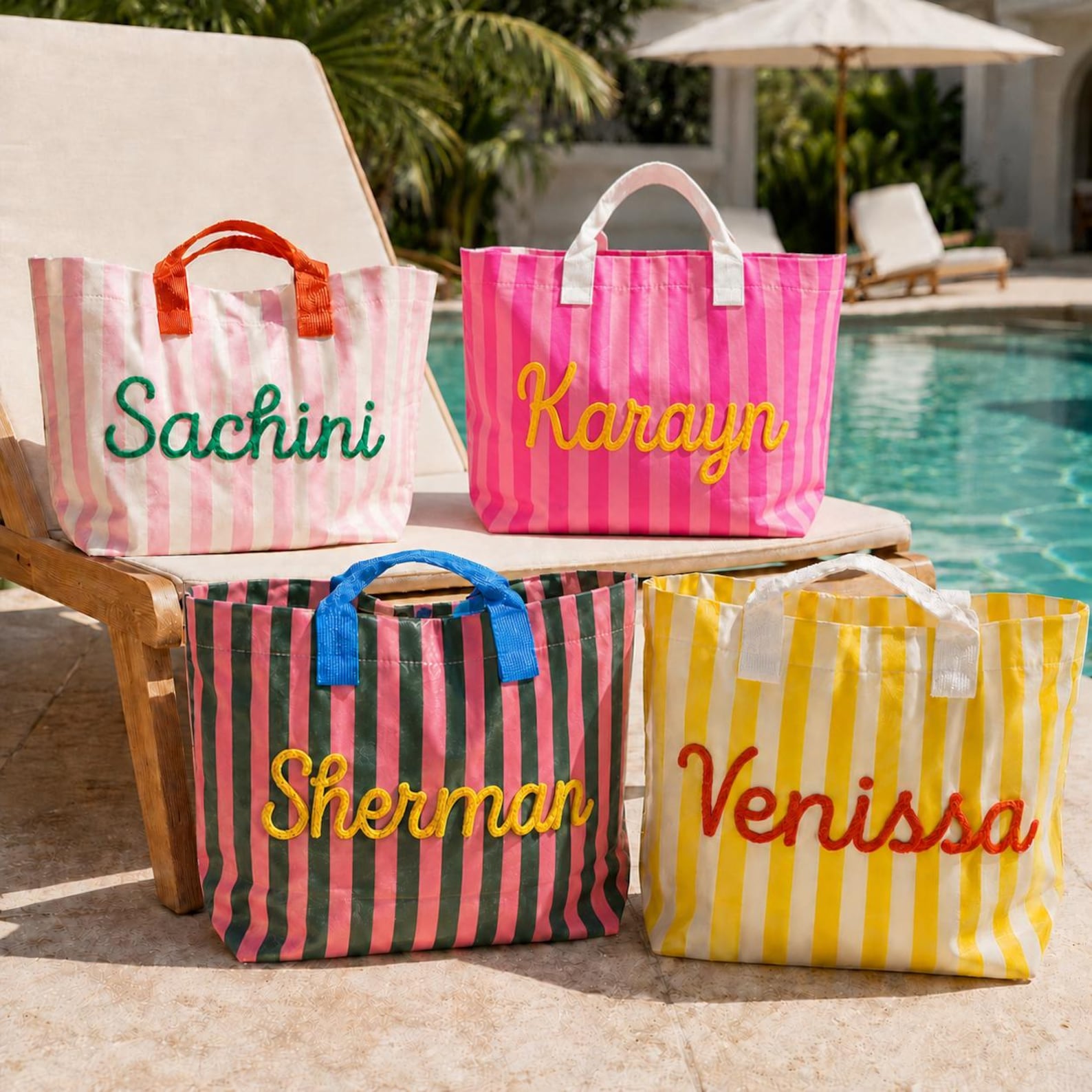 Personalized Embroidered Striped Waterproof Beach Tote Bag