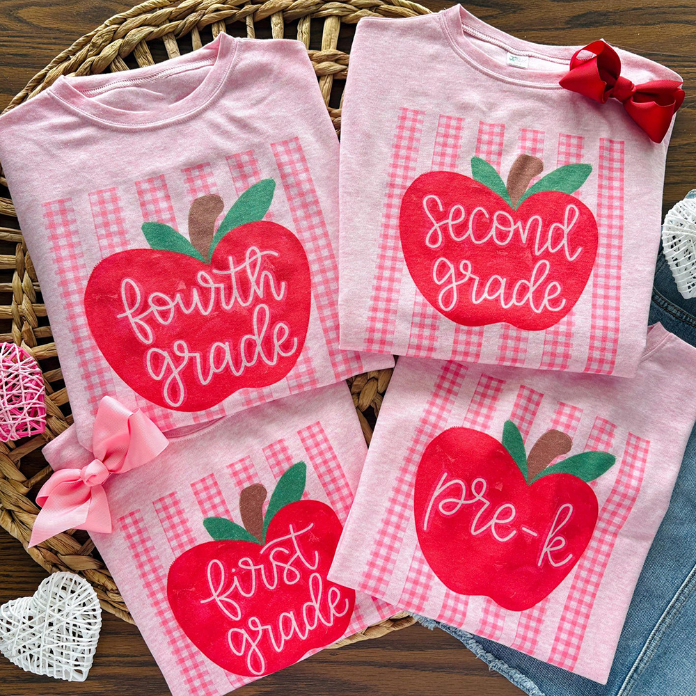 Personalized Grade Gingham Apple Teacher T-Shirt